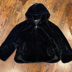 Zara Black Faux Fur Jacket with Zip